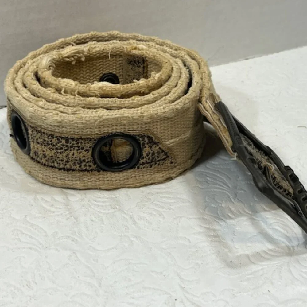 Beige Distressed Canvas Faux Leather Accents Metal Grommet Holes Belt 37